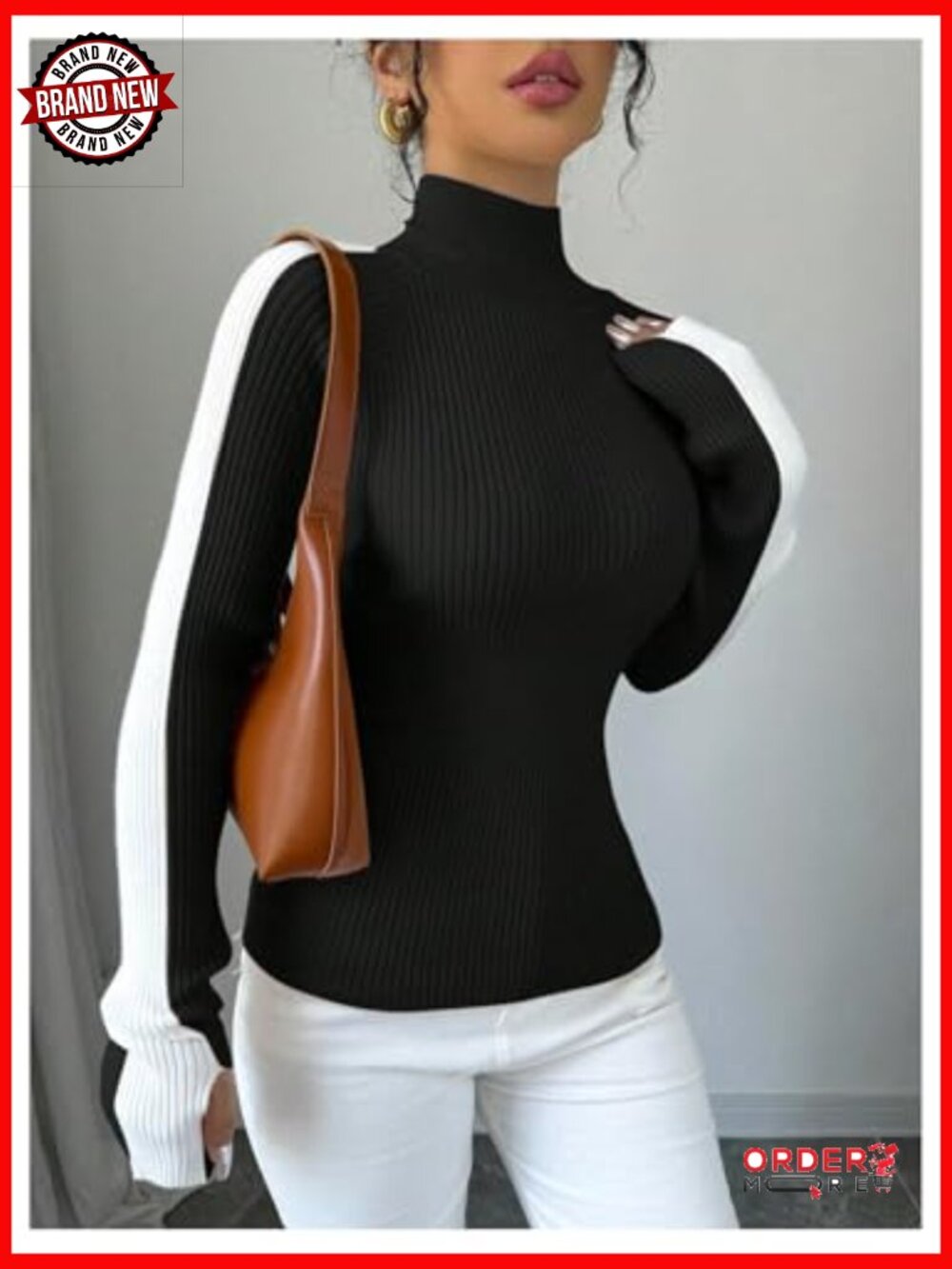 Color Block Turtleneck Pullover Sweater Ribbed Knit Long Sleeve Top - Picture 4 of 6